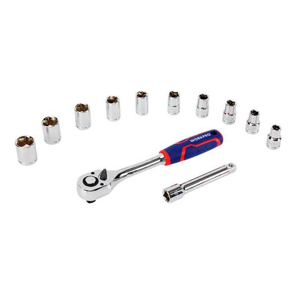 Llave de Carraca y Vasos ½ pulg, Acabado Brillo, Juego de 12 Piezas, Métrico WORKPRO