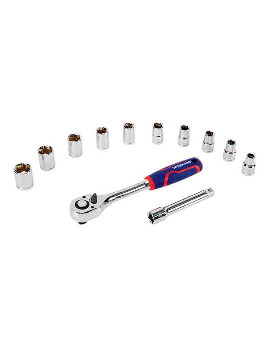 Llave de Carraca y Vasos ½ pulg, Acabado Brillo, Juego de 12 Piezas, Métrico WORKPRO