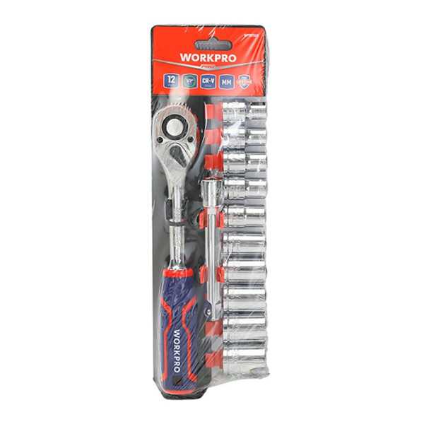 Llave de Carraca y Vasos ½ pulg, Acabado Mate, Juego de 12 Piezas, Métrico WORKPRO