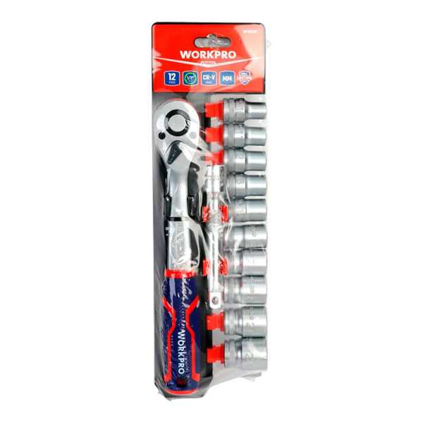 Llave de Carraca y Vasos ½ pulg, Acabado Mate, Juego de 12 Piezas, Métrico WORKPRO