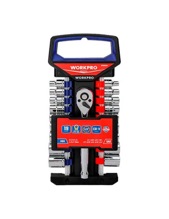 Llave de Carraca y Vasos 3/8 pulg, Juego 19 Piezas, Métrico-Sae WORKPRO