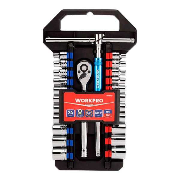 Llave de Carraca y Vasos 3/8 pulg, Juego 24 Piezas, Métrico-Sae WORKPRO