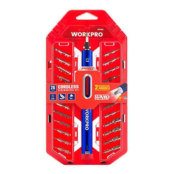 Kit Destornillador de Precisión Recargable 3,6 V USB, 26 Accesorios WORKPRO