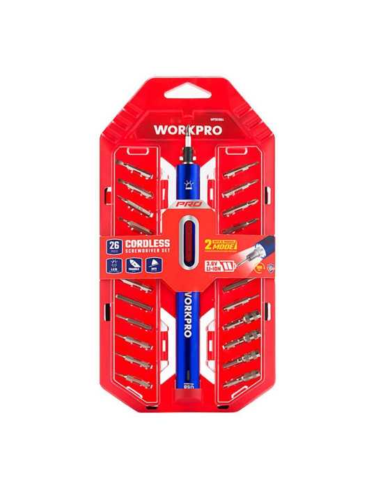 Kit Destornillador de Precisión Recargable 3,6 V USB, 26 Accesorios WORKPRO