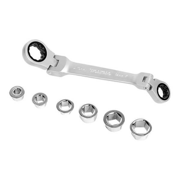 Llave de Estrella Doble con Carraca, Articulada, 6 Bocas Intercambiables, Cr-V, 14 x 19 mm, 7 Piezas WORKPRO