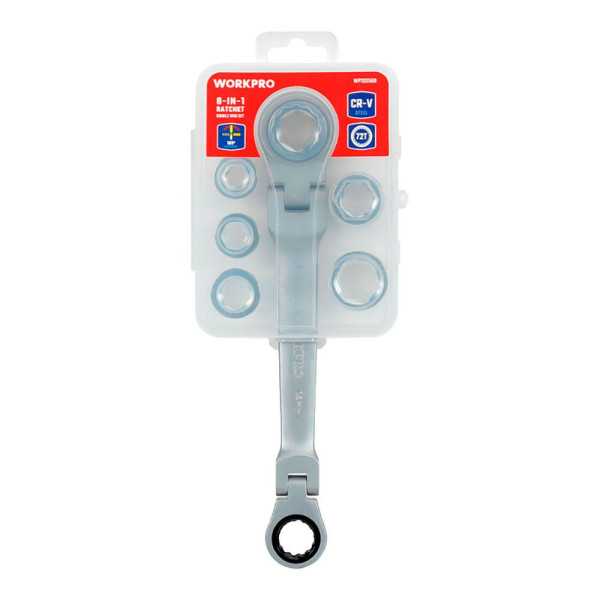 Llave de Estrella Doble con Carraca, Articulada, 6 Bocas Intercambiables, Cr-V, 14 x 19 mm, 7 Piezas WORKPRO