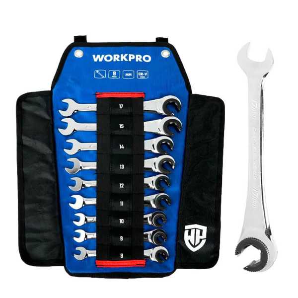 Llave Mixta con Carraca Abierta, 8 - 18 mm, Juego 9 Piezas WORKPRO
