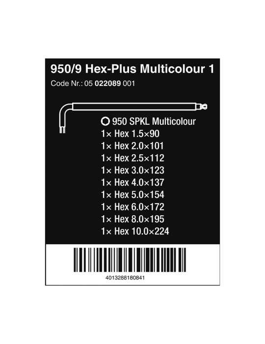 Llaves Hexagonales Acodadas Métricas Multicolor, Juego 9 Piezas WERA