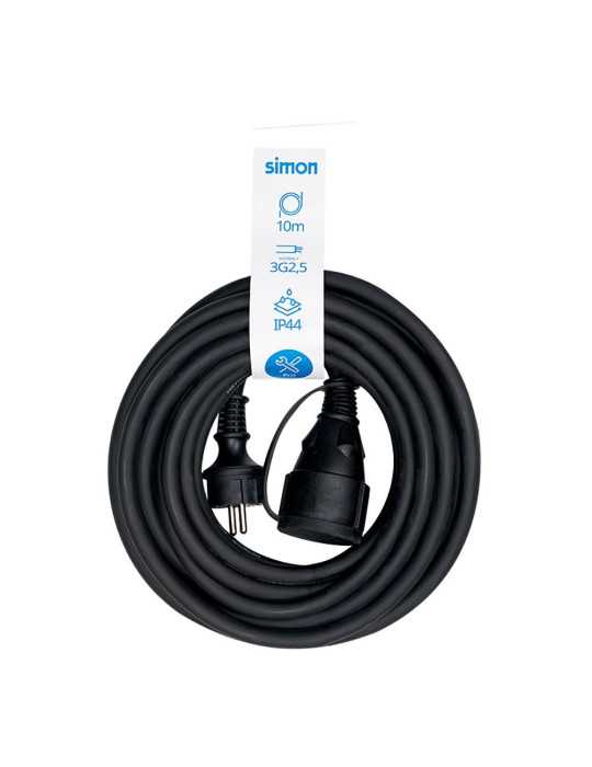 Prolongador Profesional 10 m, IP44, H07RN-F 3 G 2,5 mm², 1 Toma con Tapa, 16 A 250 V~, Negro SIMON