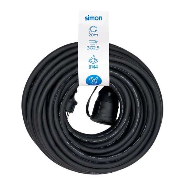 Prolongador Profesional 20 m, IP44, H07RN-F 3 G 2,5 mm², 1 Toma con Tapa, 16 A 250 V~, Negro SIMON