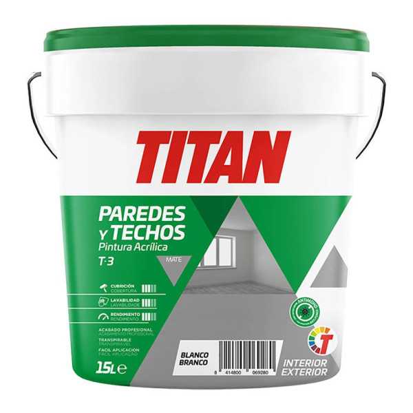 Pintura Plástica Acrílica Estirenada Interior/Exterior, Antimoho T-3, Blanco Mate, 15 l TITAN