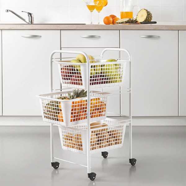 Carrito Multiuso con 3 Cestos, San Diego, Blanco, 30 x 38 x 68 cm METALTEX