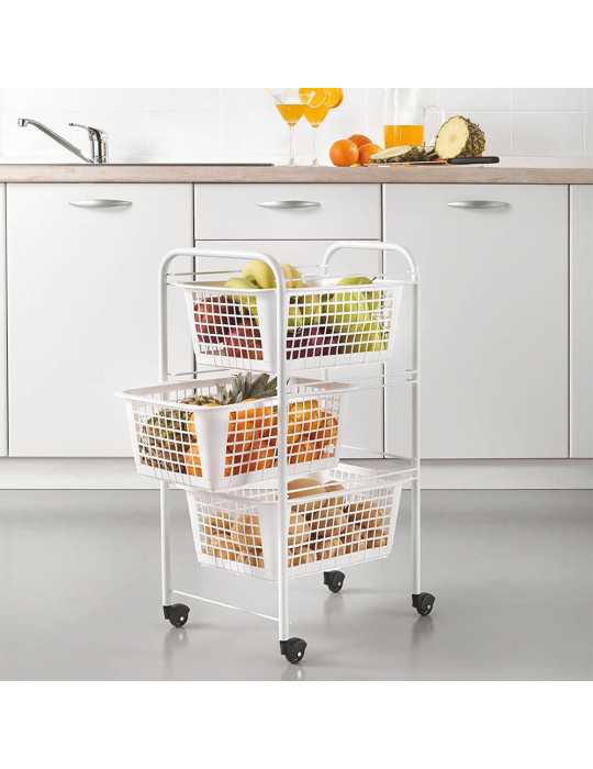 Carrito Multiuso con 3 Cestos, San Diego, Blanco, 30 x 38 x 68 cm METALTEX