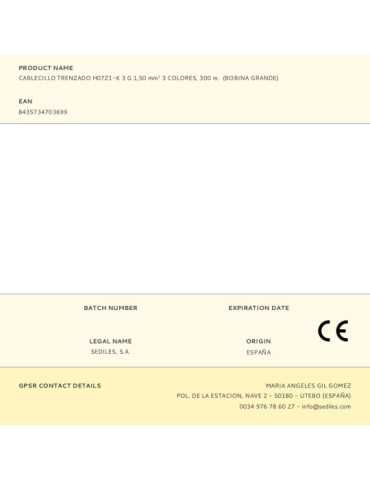Cablecillo Trenzado H07Z1-K 3 G 1,50 mm² 3 Colores, 300 m. (Bobina Grande) SEDILES 2