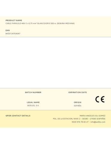 Cable Paralelo 48V 2 x 0,75 mm² Blanco/Gris 500 m. (Bobina Mediana) SEDILES 2
