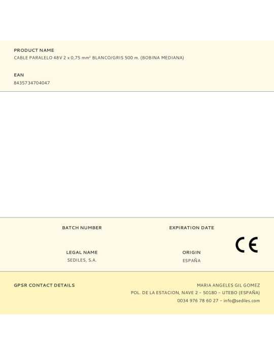 Cable Paralelo 48V 2 x 0,75 mm² Blanco/Gris 500 m. (Bobina Mediana) SEDILES