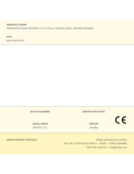 Manguera Plana H03VVH2-F 2 x 0,75 mm² Blanca, 400 m. (Bobina Grande) SEDILES