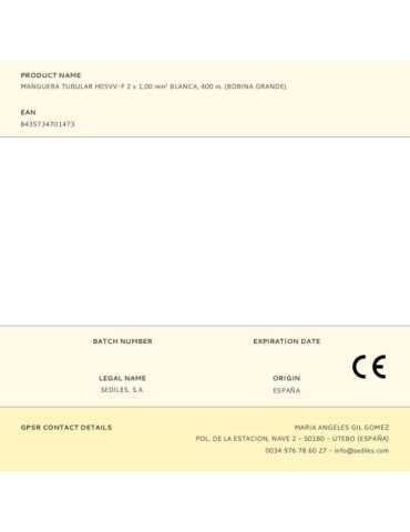 Manguera Tubular H05VV-F 2 x 1,00 mm² Blanca, 400 m. (Bobina Grande) SEDILES 2