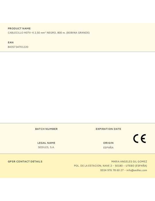 Cablecillo H07V-K 2,50 mm² Negro, 800 m. (Bobina Grande) SEDILES