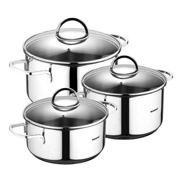Batería 6 Piezas de Acero Inoxidable para Inducción, Cazuela con Tapa Ø16 cm / Cazuela con Tapa Ø18 cm / Cazuela con BERGNER