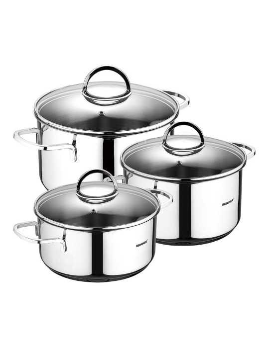 Batería 6 Piezas de Acero Inoxidable para Inducción, Cazuela con Tapa Ø16 cm / Cazuela con Tapa Ø18 cm / Cazuela con BERGNER
