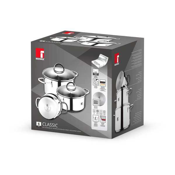 Batería 6 Piezas de Acero Inoxidable para Inducción, Cazuela con Tapa Ø16 cm / Cazuela con Tapa Ø18 cm / Cazuela con BERGNER