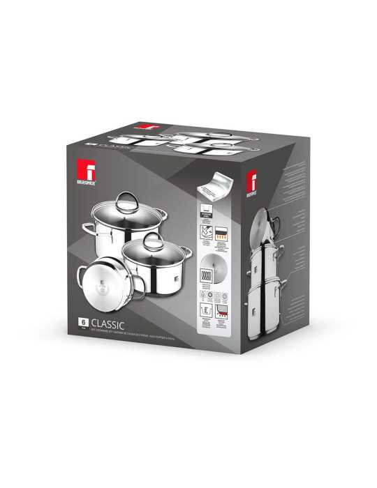 Batería 6 Piezas de Acero Inoxidable para Inducción, Cazuela con Tapa Ø16 cm / Cazuela con Tapa Ø18 cm / Cazuela con BERGNER
