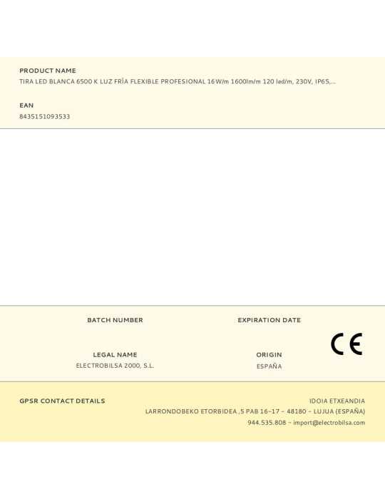 Tira LED Blanca 6500 K Luz Fría Flexible Profesional 16 W/m 1600 lm/m 120 led/m, 230 V, IP65, Rollo 50 m x 10 x 2,5 mm FBRIGHT
