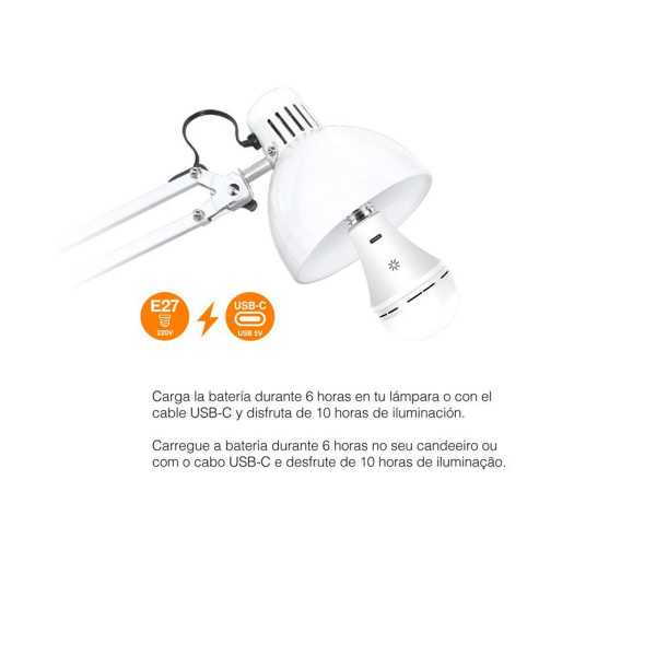 Bombilla LED, Recargable USB, E27, 6 W, 3CCT, Dimmable, 500 lm CRISTALRECORD