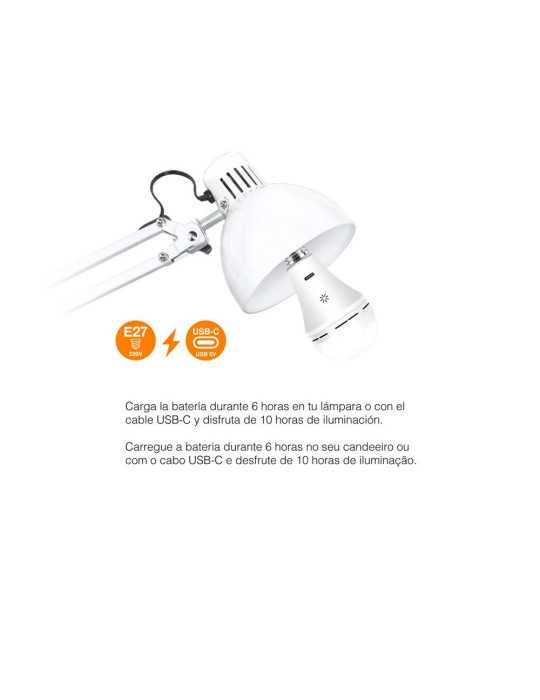 Bombilla LED, Recargable USB, E27, 6 W, 3CCT, Dimmable, 500 lm CRISTALRECORD