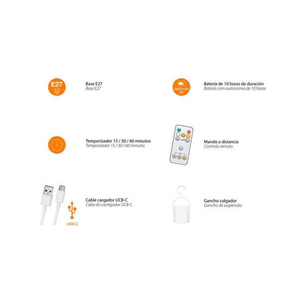 Bombilla LED, Recargable USB, E27, 6 W, 3CCT, Dimmable, 500 lm CRISTALRECORD
