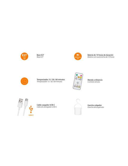 Bombilla LED, Recargable USB, E27, 6 W, 3CCT, Dimmable, 500 lm CRISTALRECORD