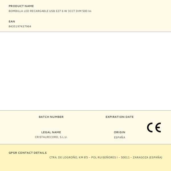 Bombilla LED, Recargable USB, E27, 6 W, 3CCT, Dimmable, 500 lm CRISTALRECORD