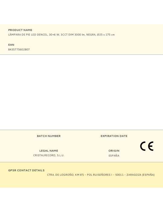 Lámpara de Pie LED Dencel, 30+6 W, 3CCT, Dimmable, 3000 lm, Negra, Ø25 x 175 cm CRISTALRECORD