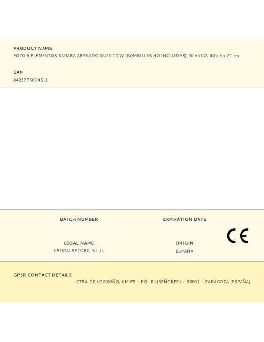 Foco 3 Elementos, Sahara Arenado, GU10, 10W, (Bombillas No Incluidas), Blanco, 40 x 6 x 21 cm CRISTALRECORD