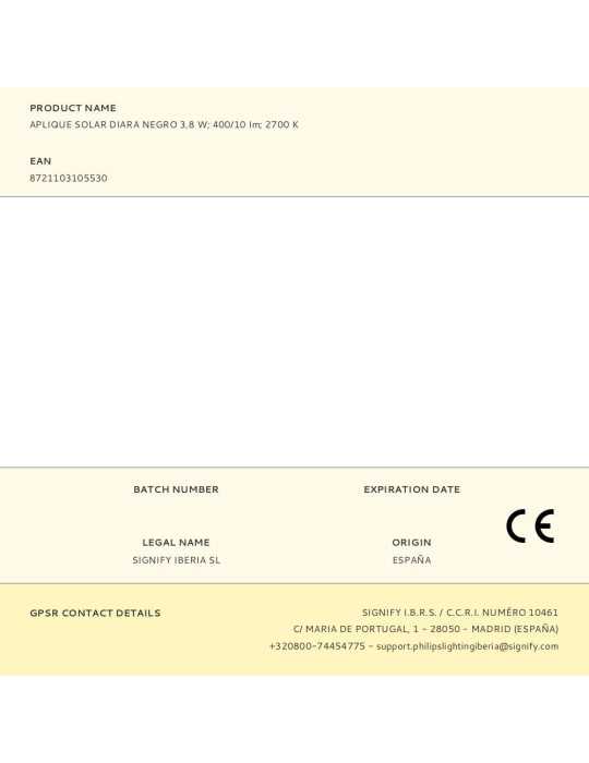 Aplique LED Solar Diara, Negro, 3,8 W, 400/10 Im, 2700 K PHILIPS