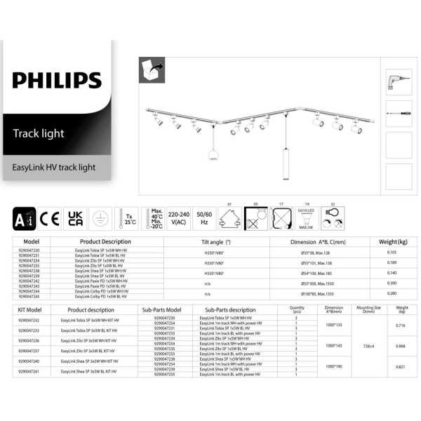 Riel de Extensión Easylink 2 uds x 1 m con Alimentación, Negro PHILIPS