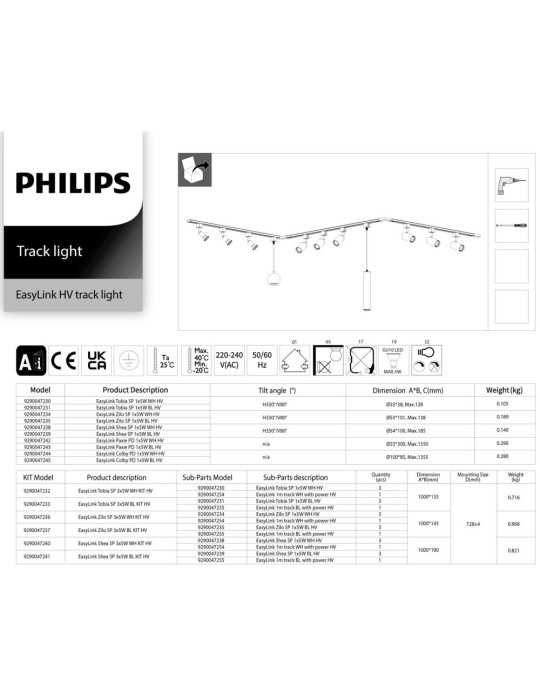 Riel de Extensión Easylink 2 uds x 1 m con Alimentación, Negro PHILIPS