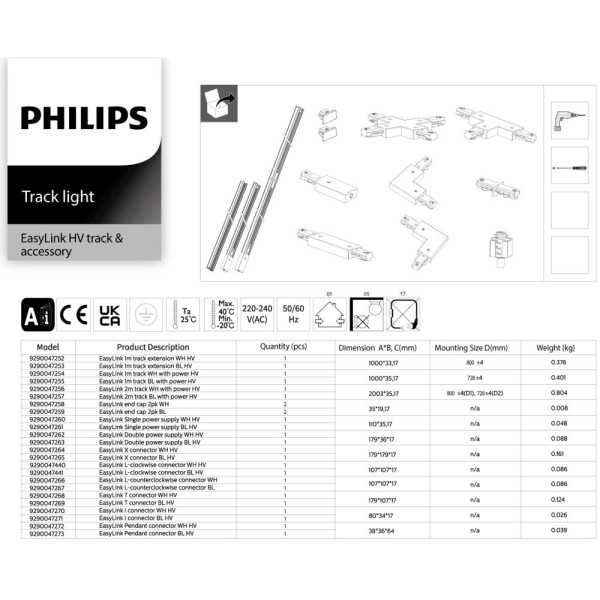 Riel de Extensión Easylink 2 uds x 1 m con Alimentación, Negro PHILIPS