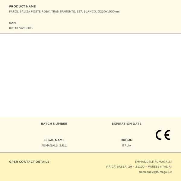 Farol Baliza con Poste Giaffa/Roby, Transparente, E27, Blanco, 195 x 195 x 945 mm FUMAGALLI
