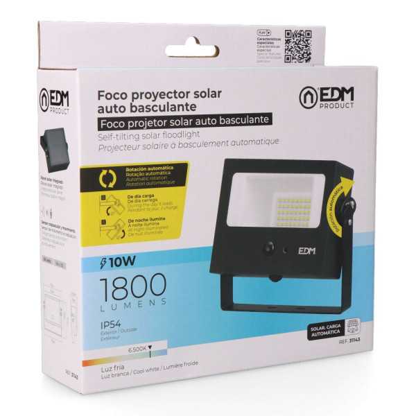 Foco Proyector Solar Auto Basculante, 10 W, 1800 lm, 6500 K, con Sensor Movimiento, Negro EDM