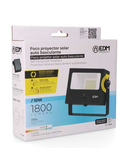 Foco Proyector Solar Auto Basculante, 10 W, 1800 lm, 6500 K, con Sensor Movimiento, Negro EDM