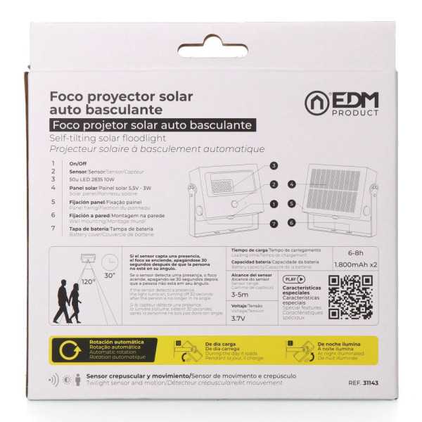 Foco Proyector Solar Auto Basculante, 10 W, 1800 lm, 6500 K, con Sensor Movimiento, Negro EDM