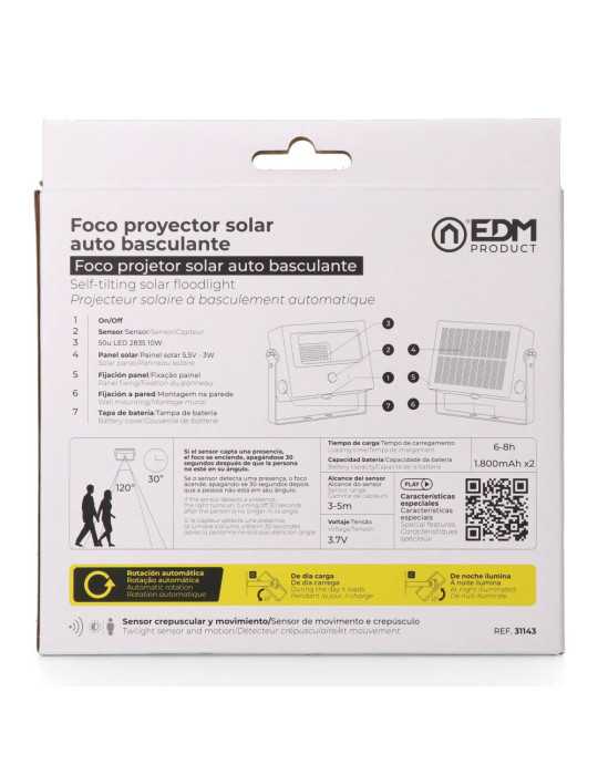 Foco Proyector Solar Auto Basculante, 10 W, 1800 lm, 6500 K, con Sensor Movimiento, Negro EDM