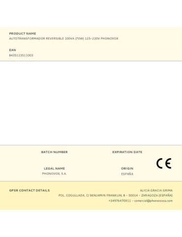 Autotransformador Reversible 100VA (70W) 125-220V PHONOVOX 2