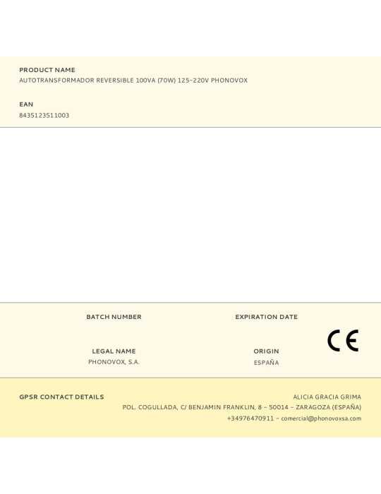 Autotransformador Reversible 100VA (70W) 125-220V PHONOVOX