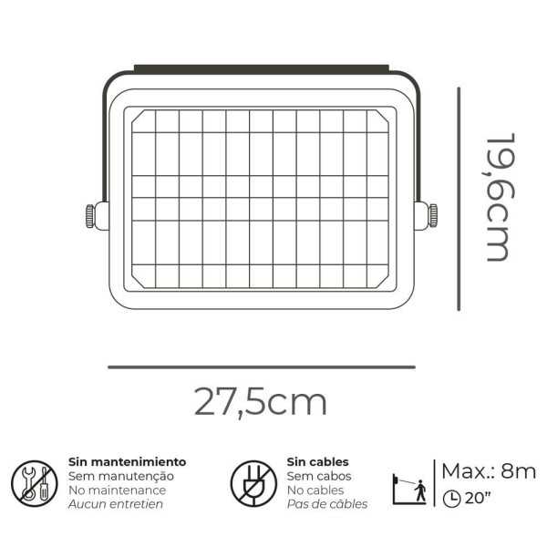 Aplique Solar 10W 1150lm Recargable. Sensor Presencia (2-8m) Color Negro 27,5x19,6cm EDM