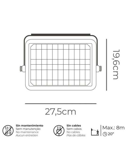 Aplique Solar 10W 1150lm Recargable. Sensor Presencia (2-8m) Color Negro 27,5x19,6cm EDM