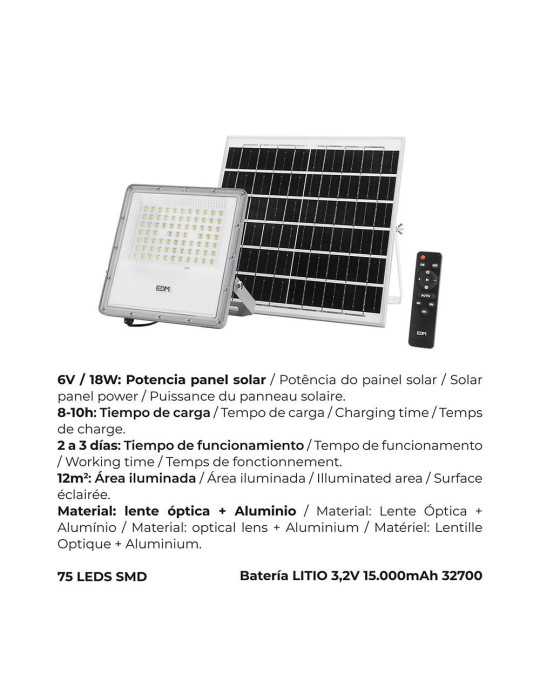 Foco Proyector LED Solar 200 W 1500 lm 6500 K Luz Fría EDM