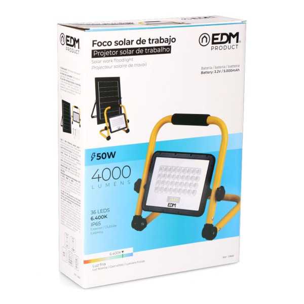 Foco Proyector LED Solar de Trabajo + Panel Solar, 4000 lm, 6.400 K, Luz Fría, IP65 EDM